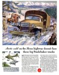 1943 Studebaker. Arctic cold on the Alcan highway doesn't faze these big Studebaker trucks