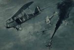 1918 Air battle of a British airplane with German fighters by Simpson