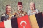 1915 Austrian postcard showing Wilhelm, Mehmed and Franz Joseph with their flags